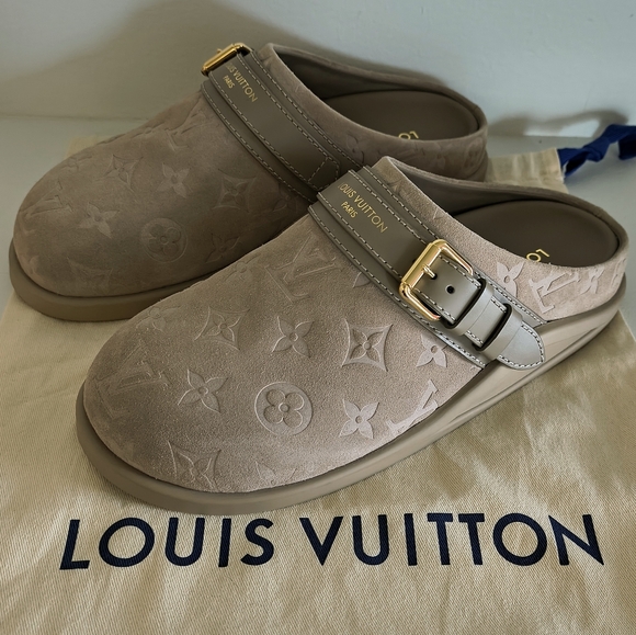 Louis Vuitton Beige Monogram Clogs with Gold Accent - Picture 1 of 7